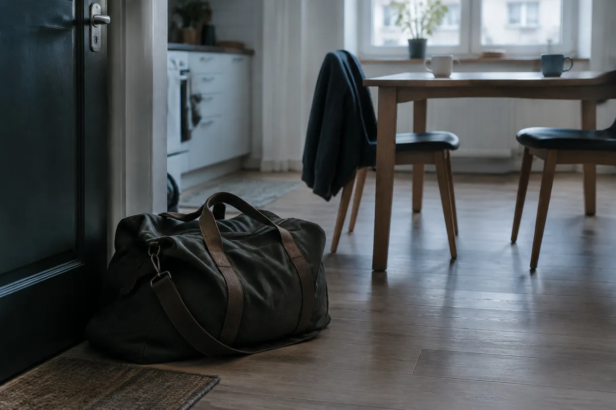 Sac posé près de la porte après une conversation difficile dans un couple
