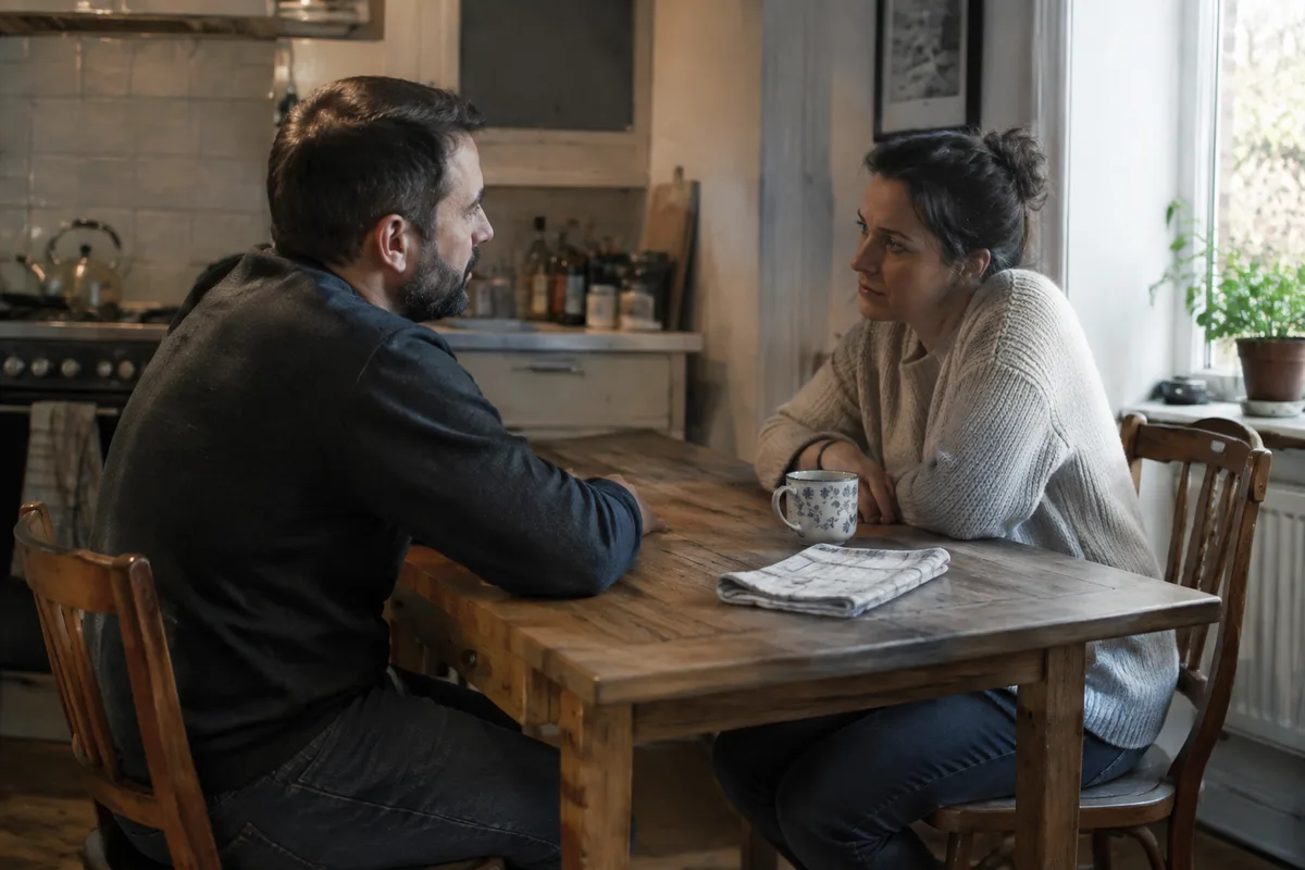 Deux personnes parlent de leur relation autour d’une table de cuisine, dans un moment calme après une tromperie