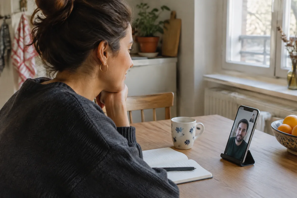 Deux partenaires en relation à distance discutent calmement par appel vidéo depuis leurs logements